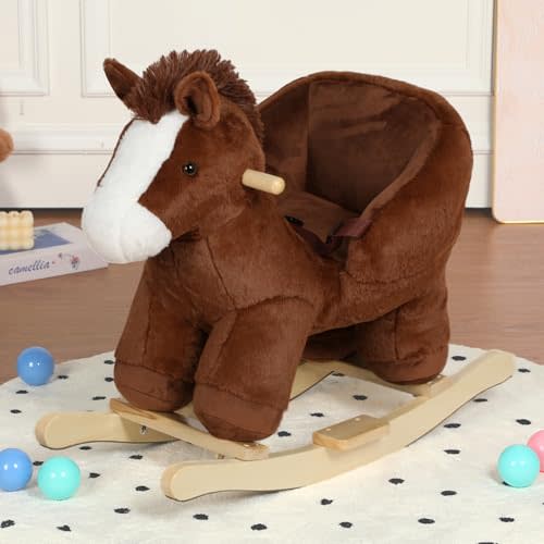Pony Baby Rocking Horse for Toddlers 1-3 with Sound and Music, Brown | Soft stuffed plush, wooden rocking base, supportive seat, ride-on toy for indoor play, CPC certified, for toddlers ages 1-3