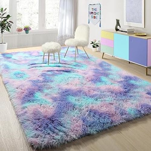Plush Mermaid Rug for Girls Bedroom, Soft Adorable Rainbow Purple Tent Rugs