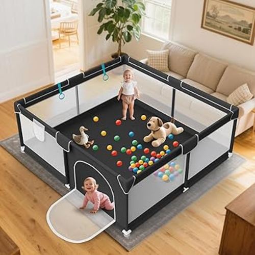 64x64 in Baby Playpen for Babies and Toddlers - Indoor and Outdoor Extra Large Baby Play Pen with Soft Breathable Mesh & External Zipper Door - Play Yard with 2 Handles for Walking Playing, Black