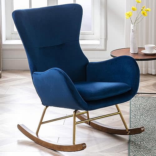 DM Furniture Velvet Rocking Accent Chair Upholstered Nursery Glider Rocker for Baby/Kids Comfy Nursing Lounge Side Chair for Living Room Bedroom, Blue