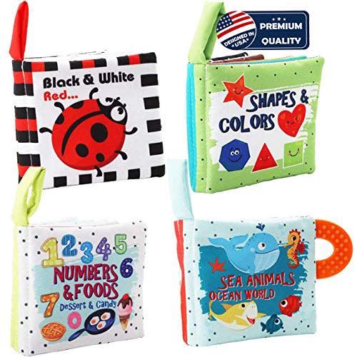 Baby Books Toys Gifts, Touch and Feel Cloth Crinkle Books for Babies,Infant Toddler Baby 0-3-6-12-18 Months,Early Learning Toys 6 to 12 Months 1-2 Years Old,Christmas Shower Gift for Boys Girls,4 PCS