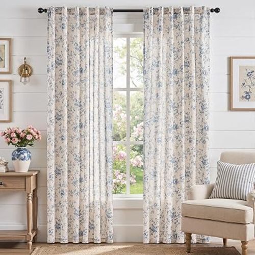 jinchan Linen Curtains 90 inch Blue Floral Farmhouse Rod Pocket 2 Panels