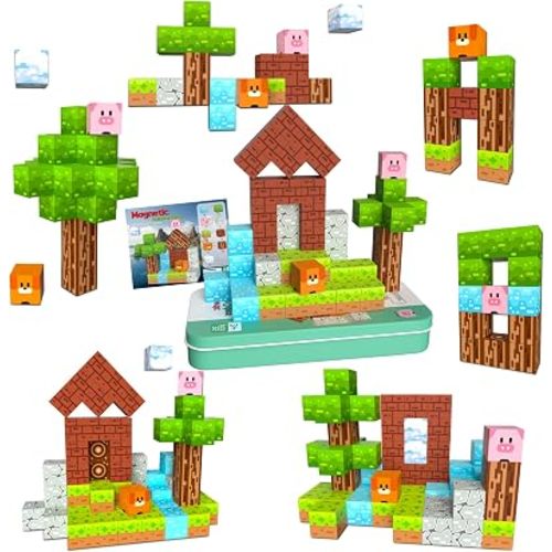 Magnetic Blocks Minecraft-Style Magnetic Building Blocks Cubes - 35PCS Tin Box Magnet Toys Travel Set STEM Educational for Kids Ages 4-8 6-8 8-12 Year Old Boys Girls Birthday Christmas