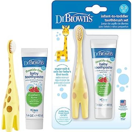Dr. Brown’s Infant-to-Toddler Training Toothbrush Set, Giraffe with Fluoride-Free Strawberry Baby Toothpaste, 0-3 years