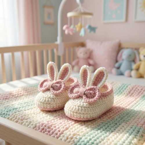 Crochet Bunny Baby Booties – Pink Bow & Bunny Ears Newborn Shoes