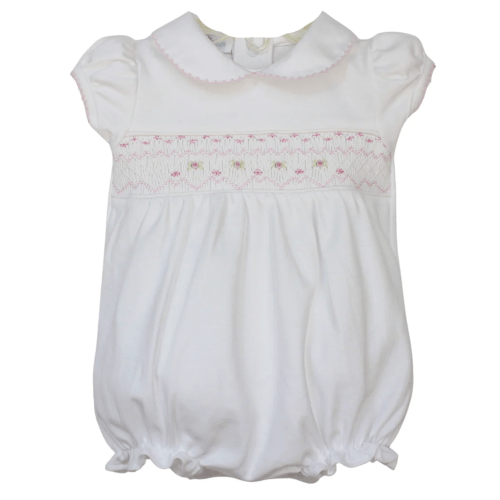 Infant Girls Bubble Romper Outfit White Pink Trim Peter Pan Collar| Baby Loren - Hiccups Children's Boutique