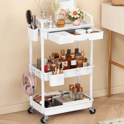 3 Tier Rolling Utility Cart with Removable Drawer, Bathroom Storage Organizer with 2 Lockable Wheels, Mobile Shelving Unit for Kitchen, Office, Snack, Craft, Makeup, Baby Essentials, White