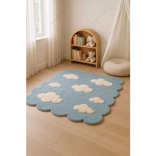 Hand Tufted Wool Cloud Rug Blue Sky for Kids Bedroom or Nursery – Soft Modern Area Rug for Playroom or Living Room Decor