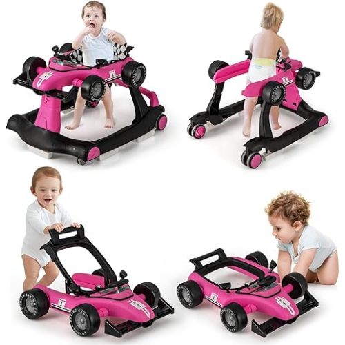 HONEY JOY 4-in-1 Baby Walker, Activity Push Walker w/3 Adjustable Heights, Smooth Wheels w/Adjustable Speed, Padded Seat, Music & Light, Foldable Car Walker for Baby Boys Girls Age 6 Months+ (Pink)