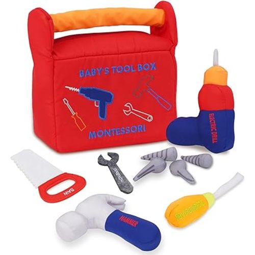 My First Tool Box Baby, 10-Piece Soft Plush Sensory Baby Tool Playset, with Electric Drill, Saw, Wrench, Hammer, Screwdriver and Screws for Early Montessori Education and Boy & Girl Toy Gift (Red)