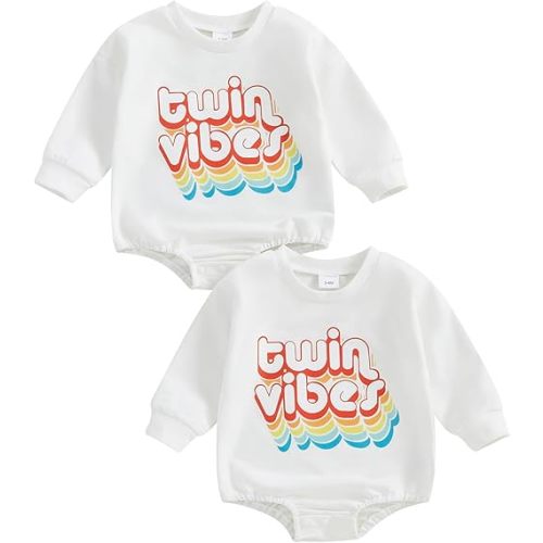 GOOCHEER Newborn Baby Boy Girl Twins Matching Outfits Crewneck Sweatshirt Bubble Romper Bodysuit Fall Winter Clothes Set