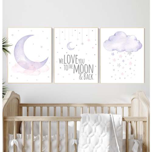 Purple and Pink Moon & Stars Nursery Decor: Girl's Room Art Print