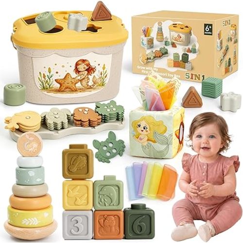 Montessori Toys for 6-12 Months, Mermaid Baby Toys for 6 Months+ with Montessori Sensory Baby Blocks Toy, Shape Sorter Developmental Toy for 1-3 Boys Girls Birthday Infant Toys