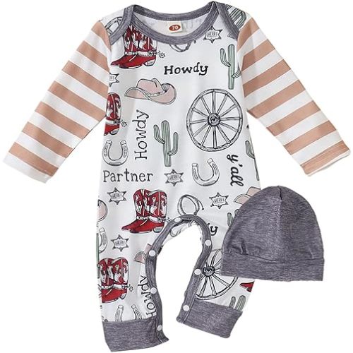 BOUTIKOME Infant Baby Boy Outfit Retro Cowboy Partner Howdy Graphic Rompers Newborn Onesie Jumpsuit Hat 2Pcs Set