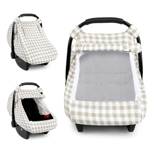 DILIMI Car Seat Covers for Babies, Muslin Cotton Baby Car Seat Cover with Breathable Mesh Window, Summer Infant Car Seat Canopy for Boys Girls Newborn, Khaki Checkered