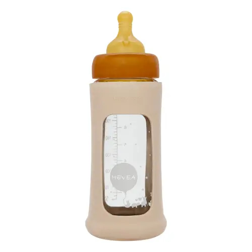 Hevea - Medium Flow Wide-Neck Glass Bottle with Protective Sleeve - Sand | Smallable