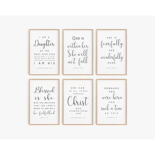 Christian Nursery Girl Set of 6 Scripture printable Proverbs 31 Fearfully Wonderfully Woman Bible Verse Wall Art Daughter of a King Jesus