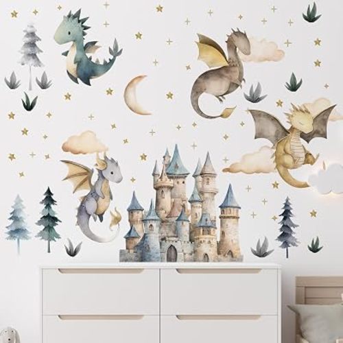 Dragon Wall Stickers,Peel and Stick Colorful Flying Dragon,Castles, White Clouds, Stars.Tree Self-Adhesive Mural，Removable Wall Sticker for Living Room Baby Nursery Kids Room Wall Decor (Dragon Decor)
