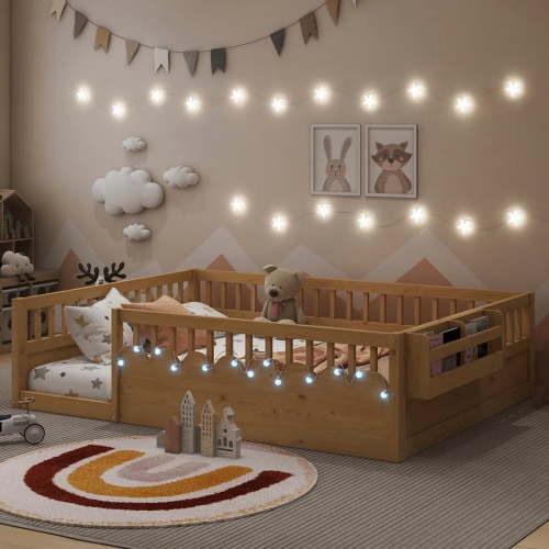 Montessori Floor Bed with High Rails, LED Lights & Storage Shelf, Safe & Wider Opening Gate Design, Full Size Floor Bed for Boys & Girls, Natural