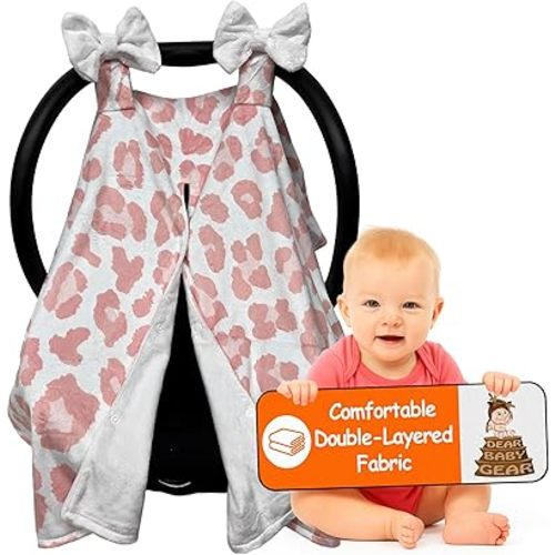 Dear Baby Gear - Car Seat Canopy, Baby Carrier Shade, Nursing Wrap, Stroller Canopy, Infant Carrier Cover, Baby Car Seat Accessories, Pink Cheetah, Pink Minky Dot, White Puffy Bows,