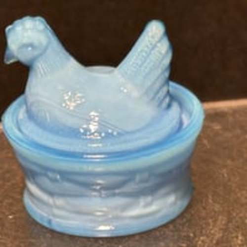 New Cerium Blue slag glass Mini Hen on Nest