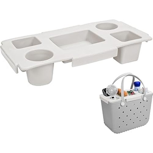 Tote Topper Tray Accessories for Bogg Bag Large Only – Waterproof EVA Table Top Organizer Lid with Cup Holder, Snack, Phone & Drink Holders for Beach, Pool, Picnic, Travel (White)