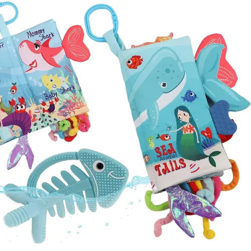 2PCS Fish Baby Book Toy and 3D Fish Teething Toys Silicone 0-6 6-12 12-18 Months Toys