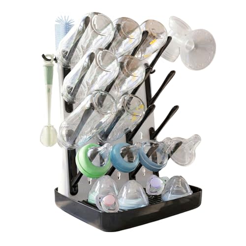 Baby Bottle Drying Rack, Vertical Space Saving Bottle Dryer for Countertop, Holds 12 Bottles, BPA Free Baby Bottle Organizer with Removable Drip Tray for Pacifiers, Pump Parts & Accessories