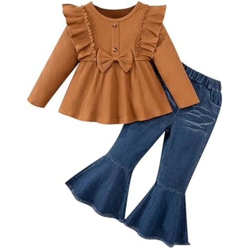 Toddler Girl Clothes Solid Color Ruffle Bowtie Top and Flare Pants Headband 3Pcs Winter Baby Girl Outfits