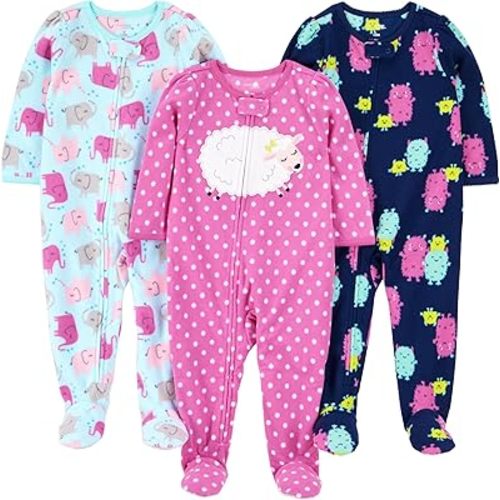 Simple Joys by Carter's Toddlers and Baby Girls' Loose-Fit Flame Resistant Fleece Footed Pajamas, Pack of 3