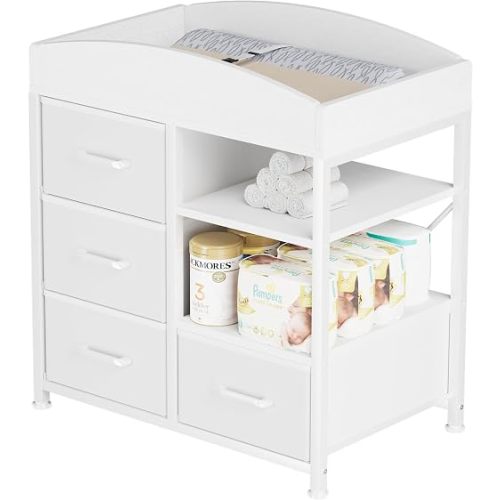 Homeiju Baby Changing Table with 4 Drawers and 2 Shelves - Baby Dresser with Changing Table Top Diaper Changing Station with Storage for Nursery Modern, White