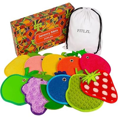 Sensory Mats, Fruit Shaped, Assorted Textured Sensory Tiles for Kids and Autistic Children, Sensory Toys for Tactile Play and Multi Sensory Exploration, Sensory Wall and Floor Panels, 10 Piece.