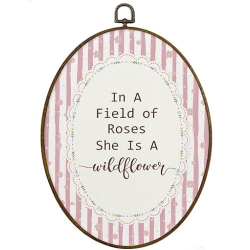 MAQIKA Pink Girl Nursery Floral Framed Oval Wall Art Decor, Girls Room Oval Wall Hanging Decor, Cottagecore Wildflower Nursery Canvas Prints Wall Art for Girls Room Bedroom Dorm, 8.7x11.3 Inch