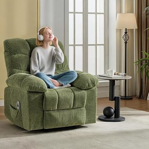 Oversized Rocking Recliner Chair for Adults, 150° Manual Reclining Lounge Chair with Soft Chenille Fabric, Overstuffed Single Sofa with Wide Seat for Living Room Bedroom Home Theater, Green