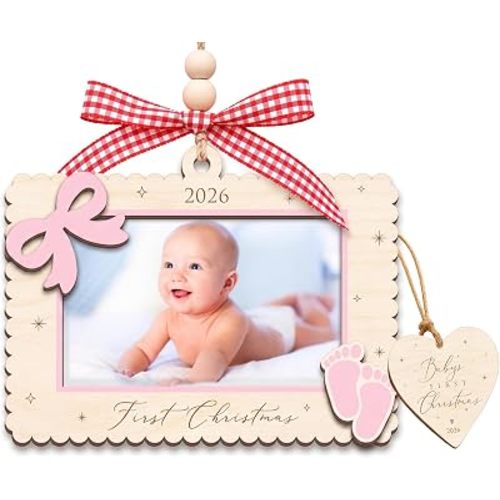 KALOTOYS Baby's First Christmas Ornament 2026 - Personalized Photo Frame Ornament for Girls, Pink Bow & Footprints, Wooden 4x3 Inch Keepsake for Newborn Baby Girl's First Christmas, Giftable Box