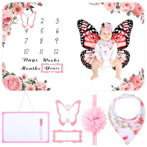 Chumia 6 Pcs Baby Monthly Milestone Blanket for Girl 60" x 40" Butterfly Milestone Blanket Age Photo Photography Backdrop with Newborn Calendar Growth Chart Bib Headband(Pink,Floral Pattern)