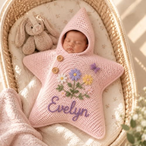 Personalized Baby Star Hooded Blanket, Custom Name Baby Wrap Blanket, Hand-Embroidered Baby Name Swaddle, Crochet Cocoon Outfit,Newborn Gift