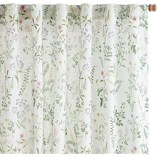 Lazzzy Linen Green Floral Curtains 84 Inch Length Farmhouse Curtain Back Tab Drapes for Living Room Bedroom Light Filtering Vintage Rod Pocket Curtains, 2 Panels, Green on White