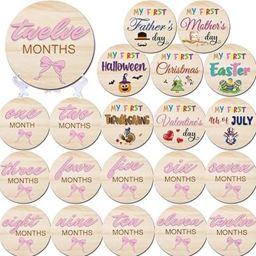 3D Pink Baby Monthly Milestone Cards | My First Holiday Sign | 1-12 Months Newborn Announcement Cards Girls Wooden Circles Discs for Welcome Newborn Baby Shower Photo Props (Baby Milestone Signs)