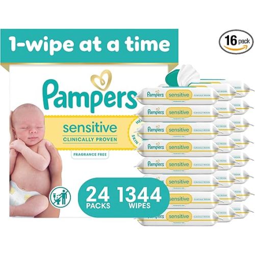 Pampers Sensitive Baby Wipes, Clinically Proven, Fragrance Free, Unscented, Water Based, Hypoallergenic, Multi-Use, Hand Wipes 1344 Wipes Total (24X Flip-Top Packs) [Packaging May Vary]