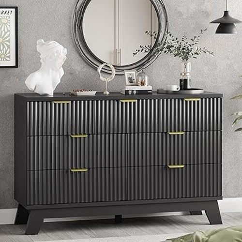 Fluted Dresser for Bedroom with 7 Drawers, 48" Wide Chest of Drawers with Metal Handle, Modern Wood Dresser TV Stand, Wooden Closet Clothes Storage Organizer for Living Room, Hallway, Black