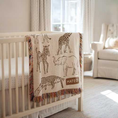 Personalized Safari Animal Baby Blanket, Custom Name Jungle Nursery Throw, Neutral Line Art Baby Gift, African Wildlife Crib Blanket