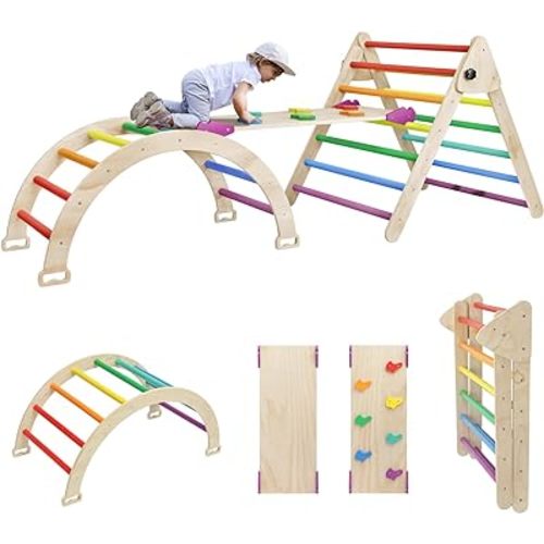 EDOSTORY 5 in 1 Pikler Triangle Set, Indoor Playground and Gym for Kids, Foldable Wooden Montessori Climbing Set Triangle Ladder Set with Slide and Climbing Ramp, Gift for Boys Girls(Rainbow)