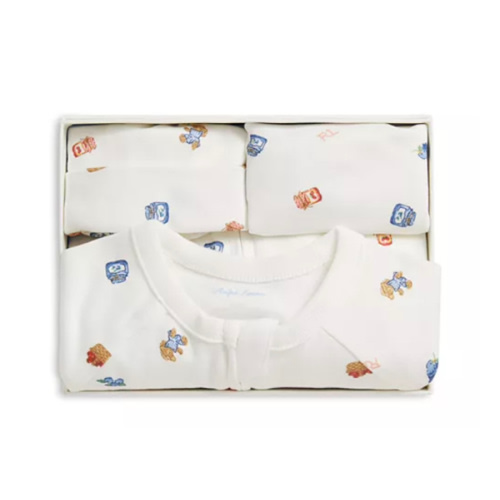 Girls' Polo Bear Cotton Hat, Bib & Footie, 3 Piece Gift Set - Baby
