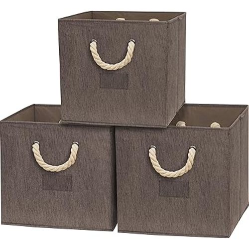 SIMPLE HOUSEWARE 13-Inch Cube Storage Bin With Braided Handles, 3 Pack, Brown
