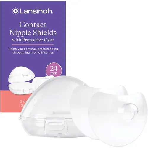 Lansinoh Contact Nipple Shields for Nursing Mothers, Ultra-Thin Soft & Flexible Medical-Grade Silicone Shields for Sensitive Nipples and Latch-On Support, (1 inch or 24mm), with Case, 2 Count