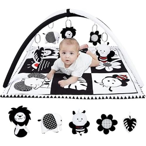 Lovvie & Joy Baby Play Activity Gym Tummy Time Mat for Infant,Baby Gyms & Playmats for Babies 0 to 3 6 9 12 Months with 5 Toys for Early Sensory Exploration and Motor Skill Development