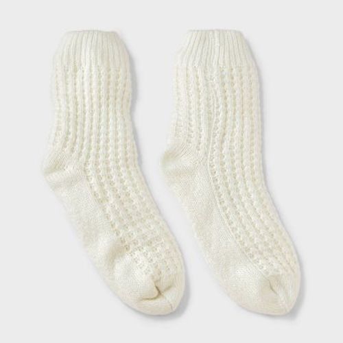 Women's Waffle Sweater Knit Reading Crew Socks with Faux Shearling Lining and Grippers Auden™One Size