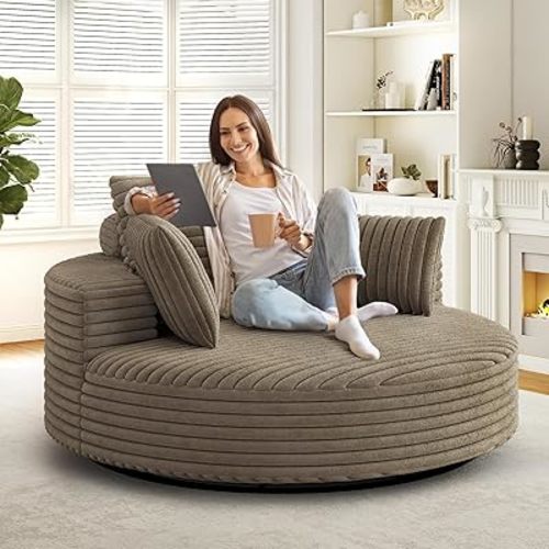 55" W Oversized Round Swivel Accent Barrel Chair,360 Degree Faux Fur Upholstered Comfy Chaise Lounge Chair Indoor,Modern Deep Seat Reading Sofa Armchair for Living Room,Bedroom,Office(Brown)