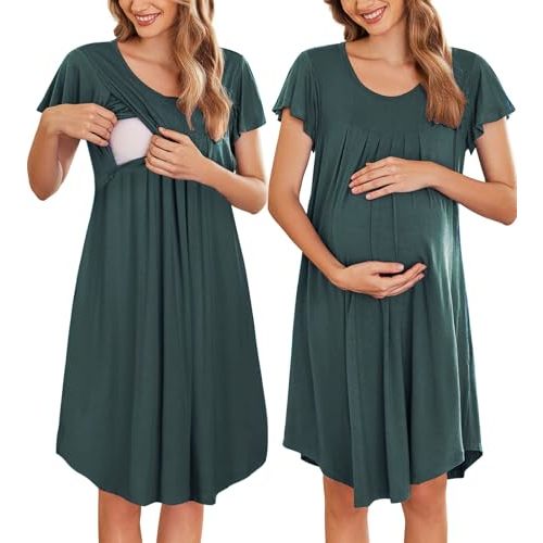 Ekouaer Nursing Nightown Labor and Delivery Gown for Hospital Pleated Breastfeeding Dress Short Sleeve Maternity Sleepwear
